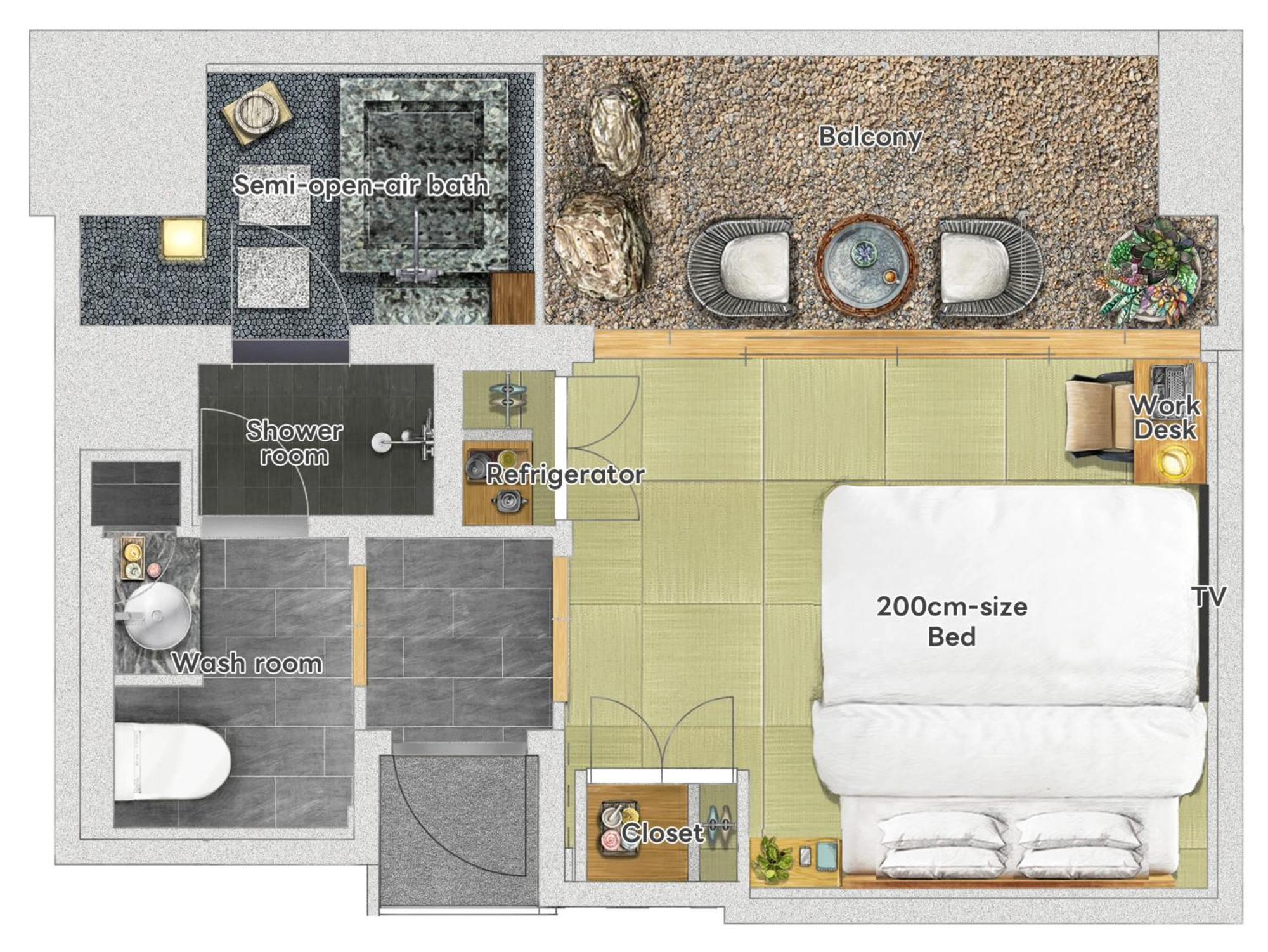 Japanese style King Bed Room with Partially Open - Air Bath Upper floors
